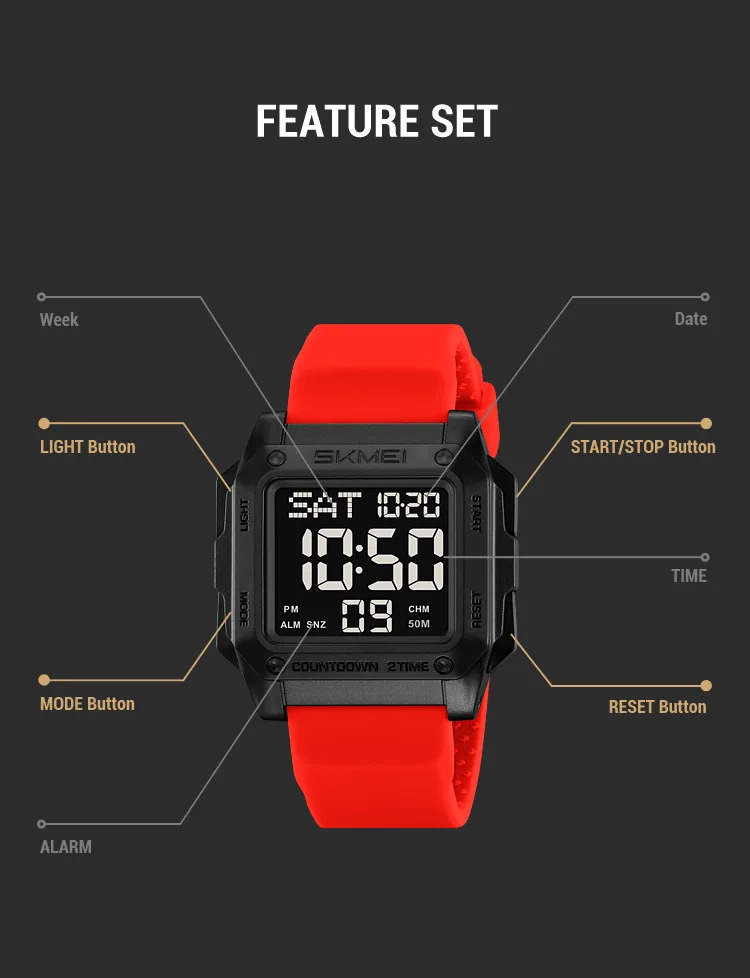 SKMEI 2Time Military Watch EL Light Waterproof Sports Digital Wristwatch For Men Women Students Chrono Alarm Electronics Watches