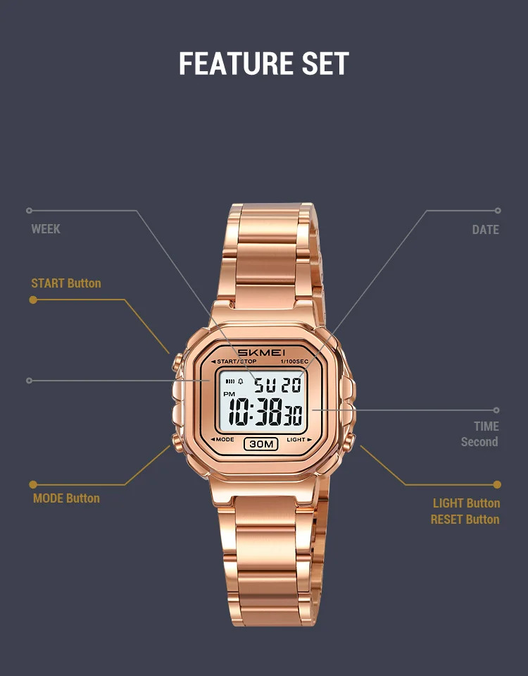 SKMEI Freshness Vitality Stainless Steel Strip Watch Women's Sports Waterproof Small Dial Clock Digital Wristwatches Reloj Mujer