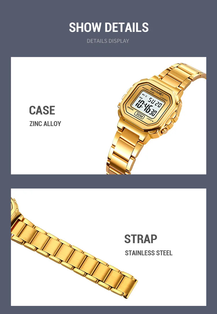 SKMEI Freshness Vitality Stainless Steel Strip Watch Women's Sports Waterproof Small Dial Clock Digital Wristwatches Reloj Mujer