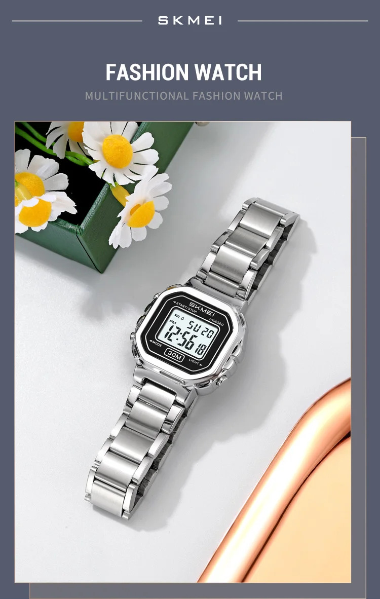 SKMEI Freshness Vitality Stainless Steel Strip Watch Women's Sports Waterproof Small Dial Clock Digital Wristwatches Reloj Mujer