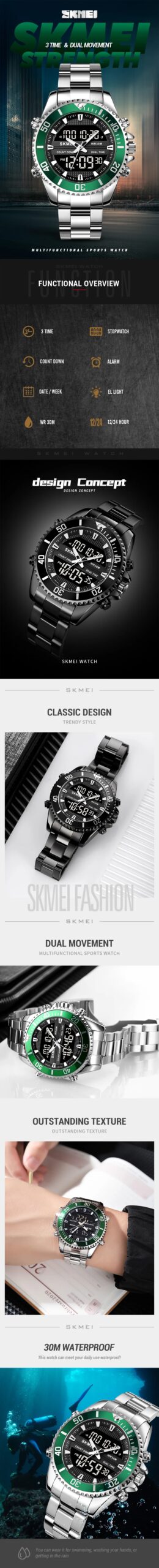 SKMEI Luxury Stainless Steel 3 Time Back Light Display Countdown Digital Sports Watch For Men Women Waterproof Quartz Wristwatch