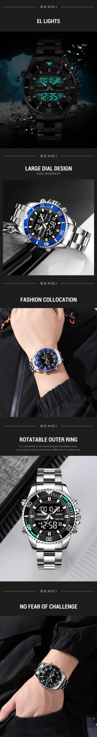 SKMEI Luxury Stainless Steel 3 Time Back Light Display Countdown Digital Sports Watch For Men Women Waterproof Quartz Wristwatch