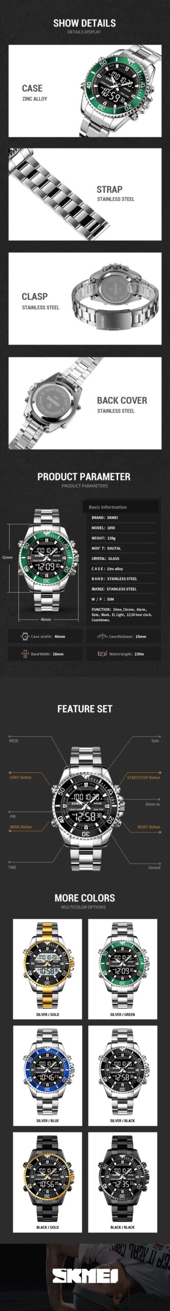SKMEI Luxury Stainless Steel 3 Time Back Light Display Countdown Digital Sports Watch For Men Women Waterproof Quartz Wristwatch