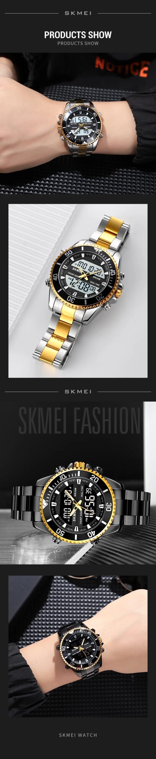 SKMEI Luxury Stainless Steel 3 Time Back Light Display Countdown Digital Sports Watch For Men Women Waterproof Quartz Wristwatch
