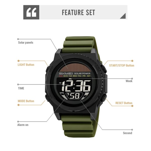 Skmei 2358 Solar-Powered Digital Sports Watch with Chronograph and Alarm (50M Waterproof) - Image 5
