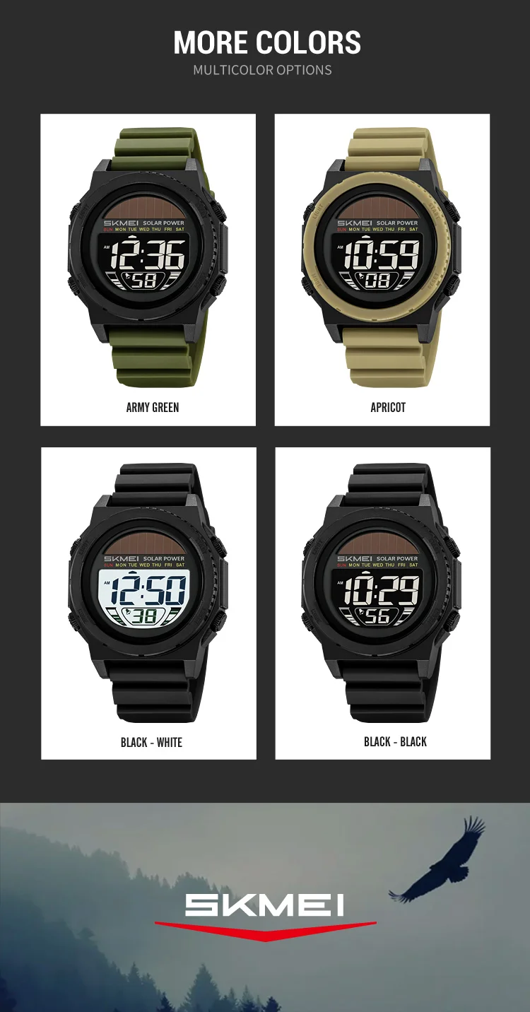 SKMEI Casual Solar Energy Digital Sports Electronic Watches For Men Women Fashion 5Bar Waterproof Chrono Wristwatch and Bracelet