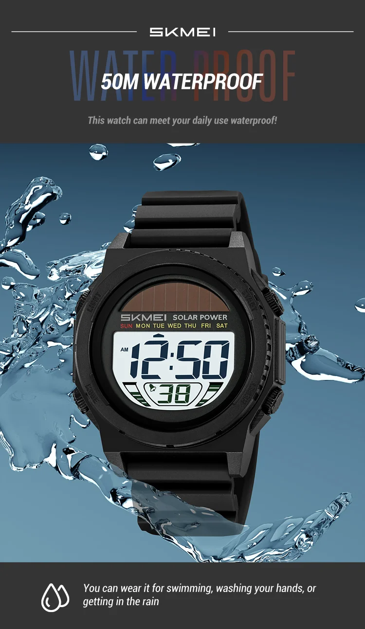 SKMEI Casual Solar Energy Digital Sports Electronic Watches For Men Women Fashion 5Bar Waterproof Chrono Wristwatch and Bracelet
