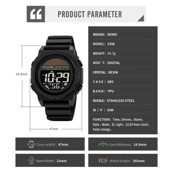 Skmei 2358 Solar-Powered Digital Sports Watch with Chronograph and Alarm (50M Waterproof) - Image 6