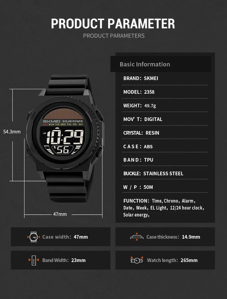 SKMEI Casual Solar Energy Digital Sports Electronic Watches For Men Women Fashion 5Bar Waterproof Chrono Wristwatch and Bracelet