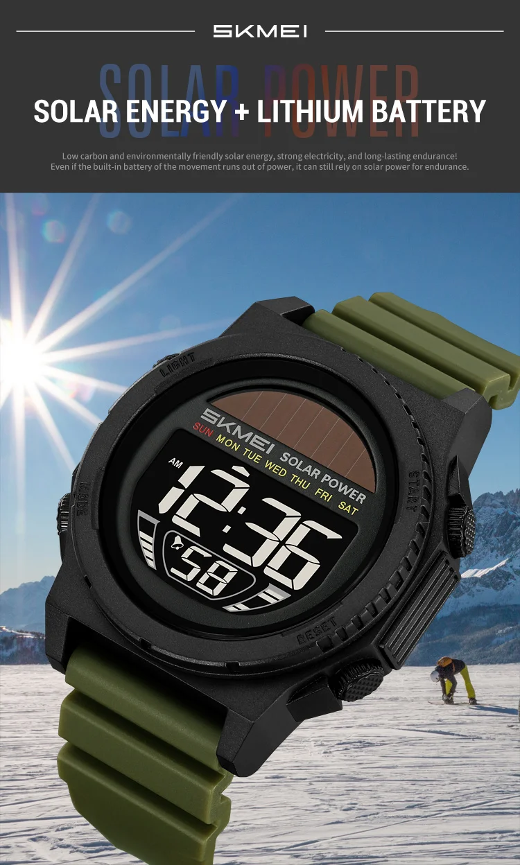 SKMEI Casual Solar Energy Digital Sports Electronic Watches For Men Women Fashion 5Bar Waterproof Chrono Wristwatch and Bracelet