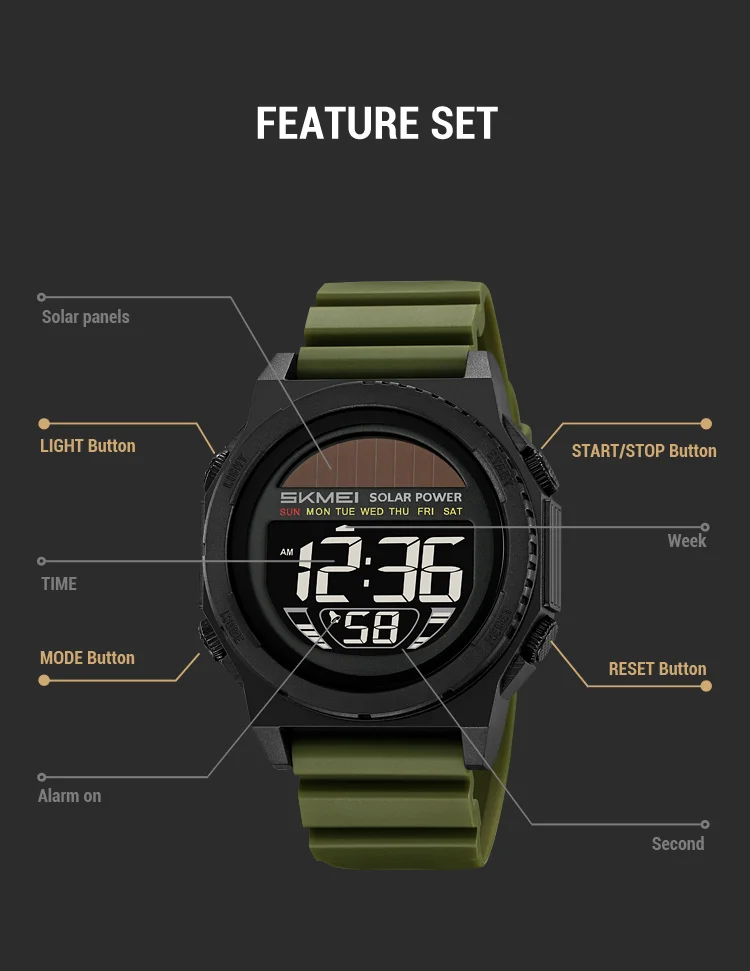 SKMEI Casual Solar Energy Digital Sports Electronic Watches For Men Women Fashion 5Bar Waterproof Chrono Wristwatch and Bracelet
