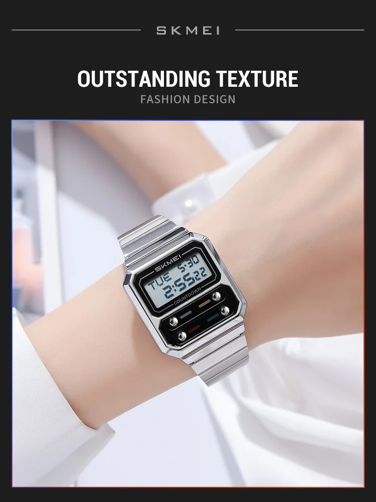 SKMEI Fashion Digital Electronics Watches For Men Women Simple Waterproof Stainless Steel Strip EL Light Wristwatch Reloj Hombre