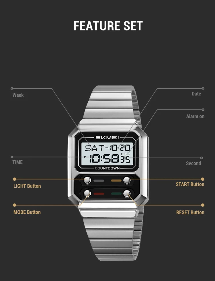 SKMEI Fashion Digital Electronics Watches For Men Women Simple Waterproof Stainless Steel Strip EL Light Wristwatch Reloj Hombre