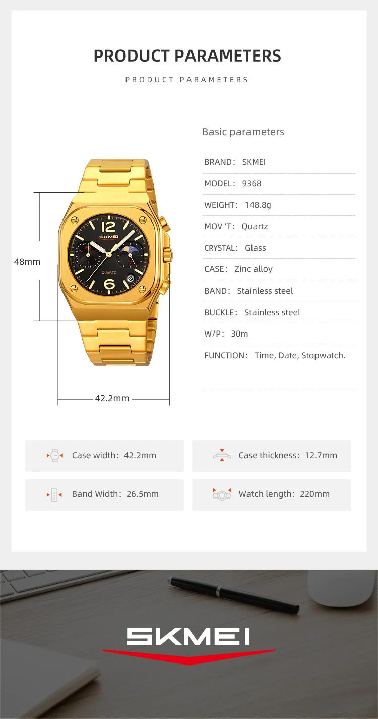 SKMEI Business Stainless Steel Strip Watches Fashion Time Date Quartz Watch For Men Women Waterproof Stopwatch Quartz Wristwatch