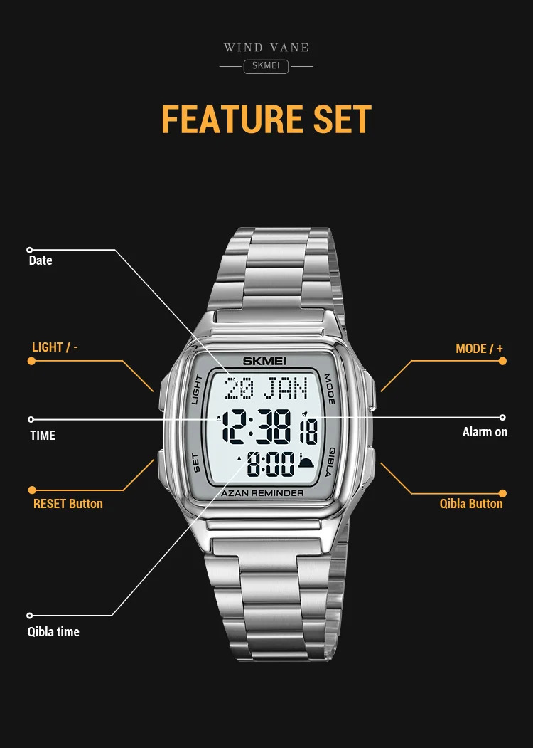 SKMEI Pilgrimage Time Reminder Qibla Direction Function Wristwatch For Men Women Muslim Digital Watch Led Light Display Watches