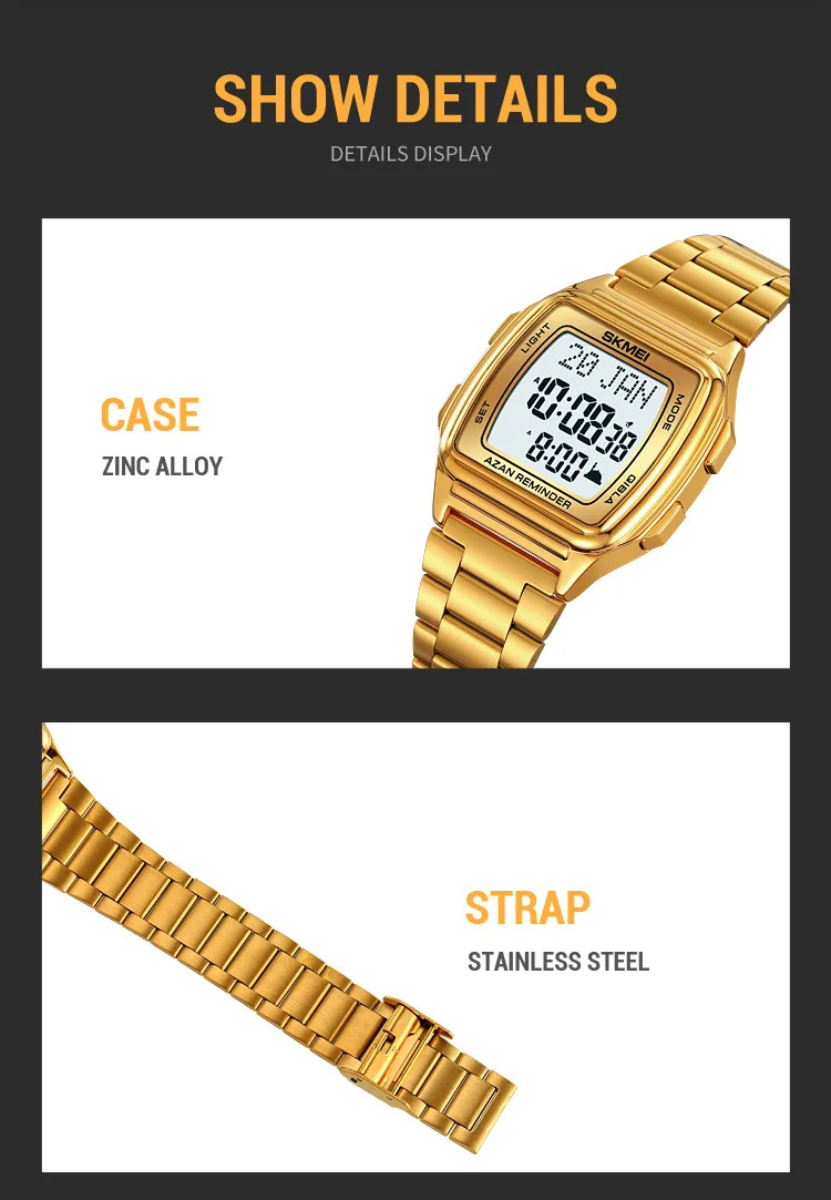 SKMEI Pilgrimage Time Reminder Qibla Direction Function Wristwatch For Men Women Muslim Digital Watch Led Light Display Watches