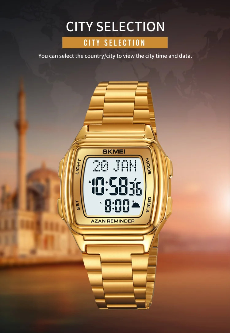 SKMEI Pilgrimage Time Reminder Qibla Direction Function Wristwatch For Men Women Muslim Digital Watch Led Light Display Watches
