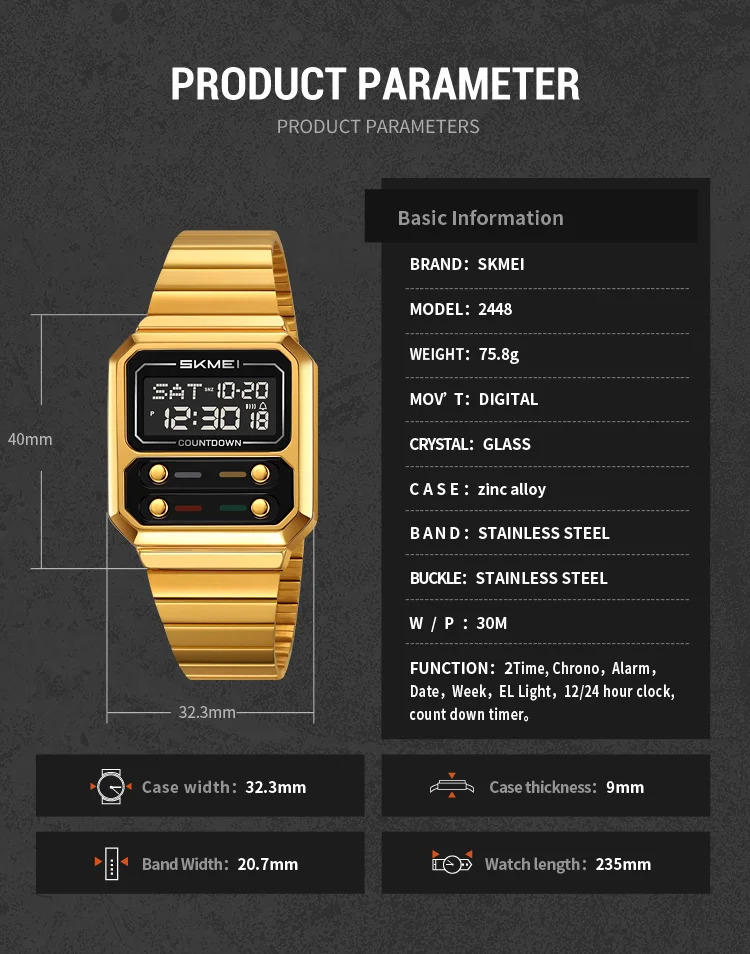 SKMEI Fashion Stainless Steel Strip Digital Electronics Watches For Men Women Simple Waterproof EL Light Wristwatch Reloj Hombre