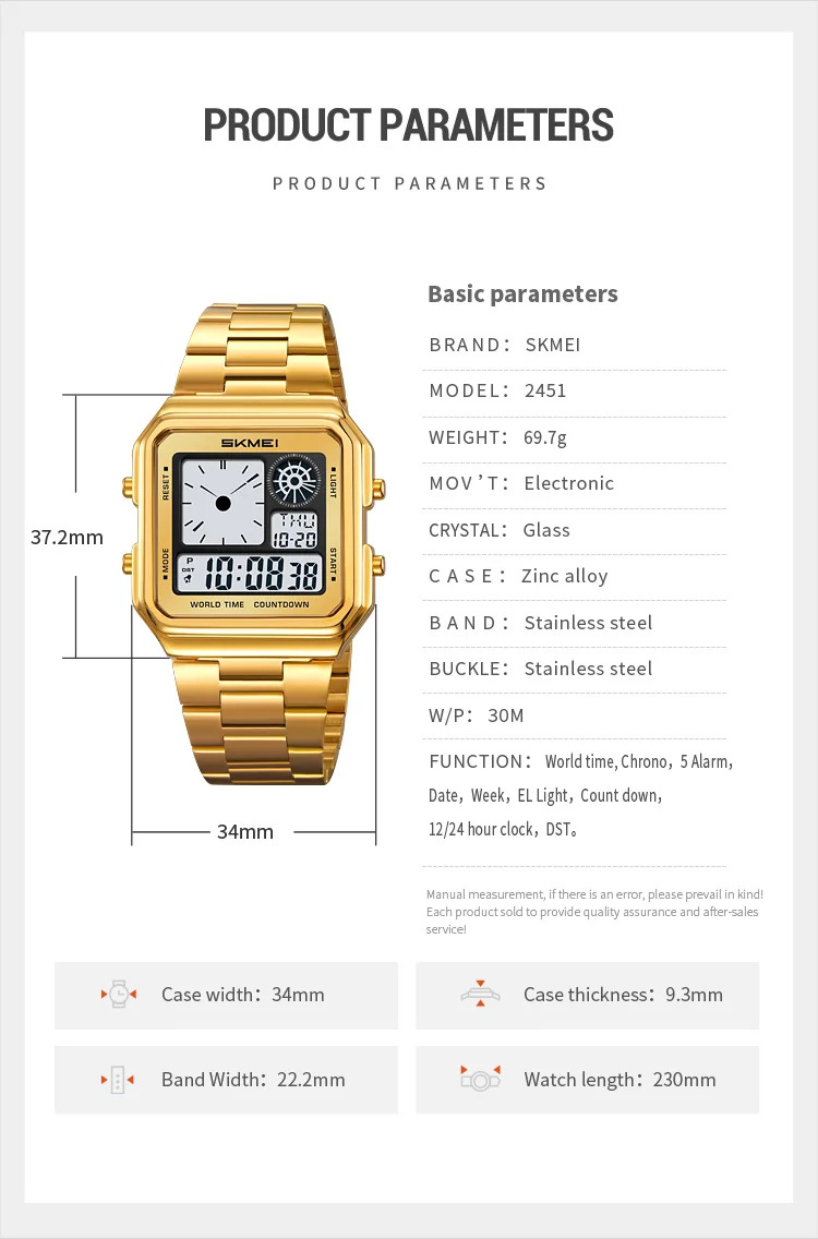 SKMEI Fashion Waterproof Daylight Saving Time Digital Electronic Watches For Men Women Students Stainless Steel Strip Wristwatch