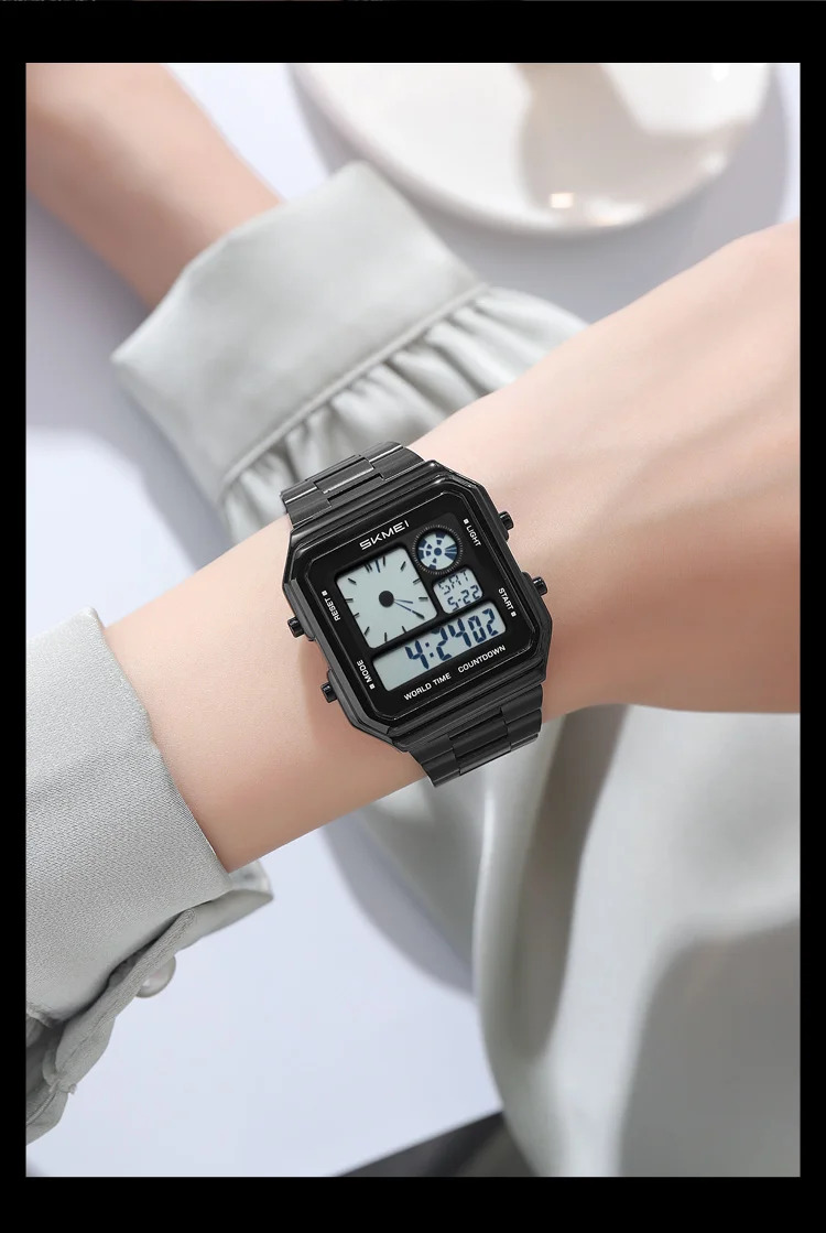 SKMEI Fashion Waterproof Daylight Saving Time Digital Electronic Watches For Men Women Students Stainless Steel Strip Wristwatch