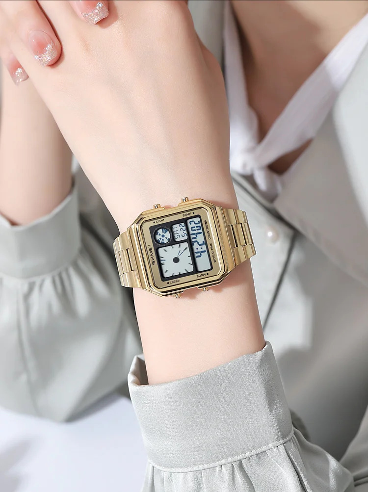 SKMEI Fashion Waterproof Daylight Saving Time Digital Electronic Watches For Men Women Students Stainless Steel Strip Wristwatch