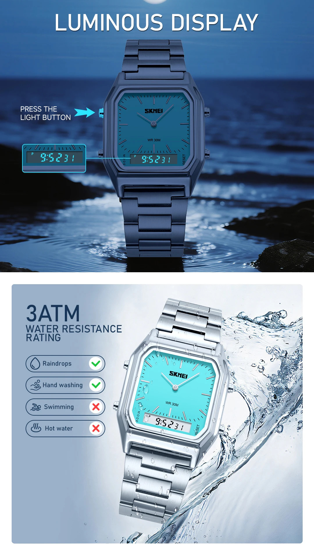 SKMEI Creative Dual Display Digital Electronics Watch Waterproof Quartz Watches For Men Women Students 3Time Luminous Wristwatch
