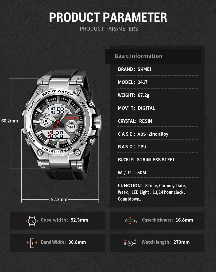 SKMEI Business Double Display Digital Electronics Watch Fashion Sports Quartz Watches For Mens Women 3Time Waterproof Wristwatch