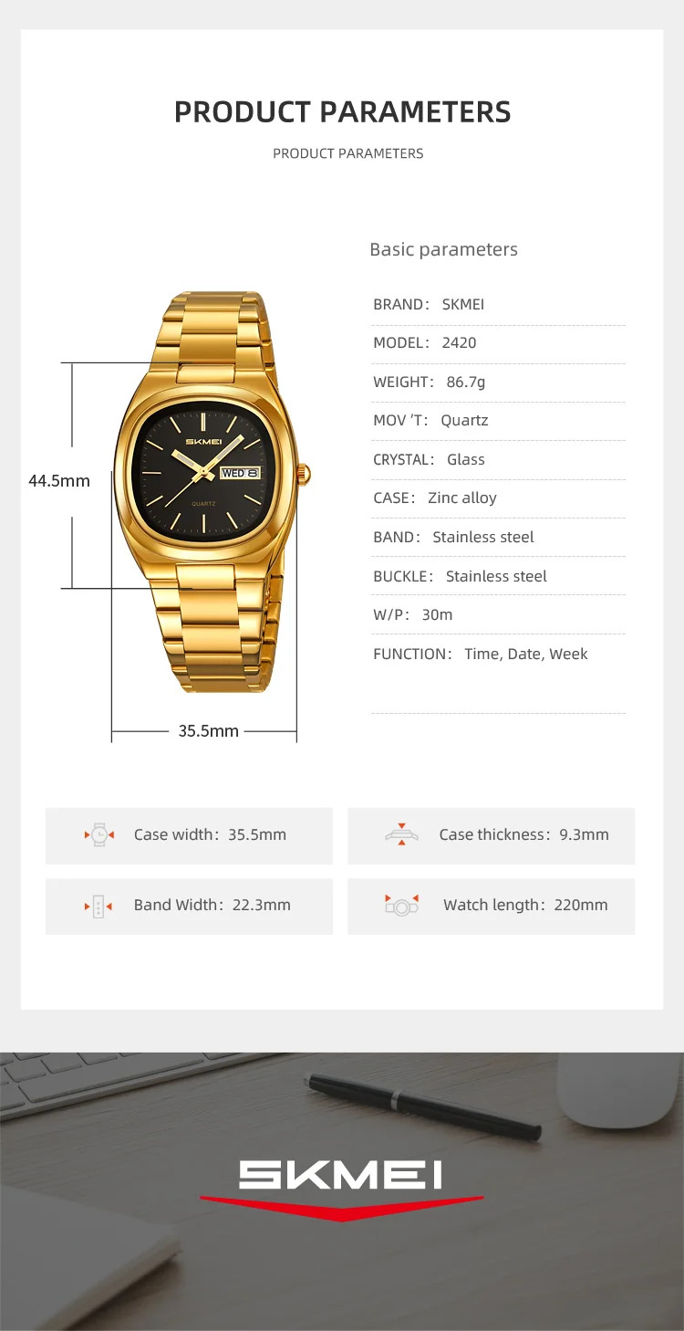 SKMEI Business Stainless Steel Strip Watches Fashion Time Date Quartz Watch For Men Women Waterproof Week Quartz Wristwatches
