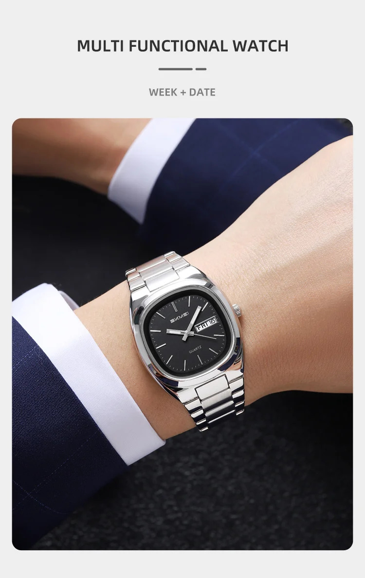 SKMEI Business Stainless Steel Strip Watches Fashion Time Date Quartz Watch For Men Women Waterproof Week Quartz Wristwatches