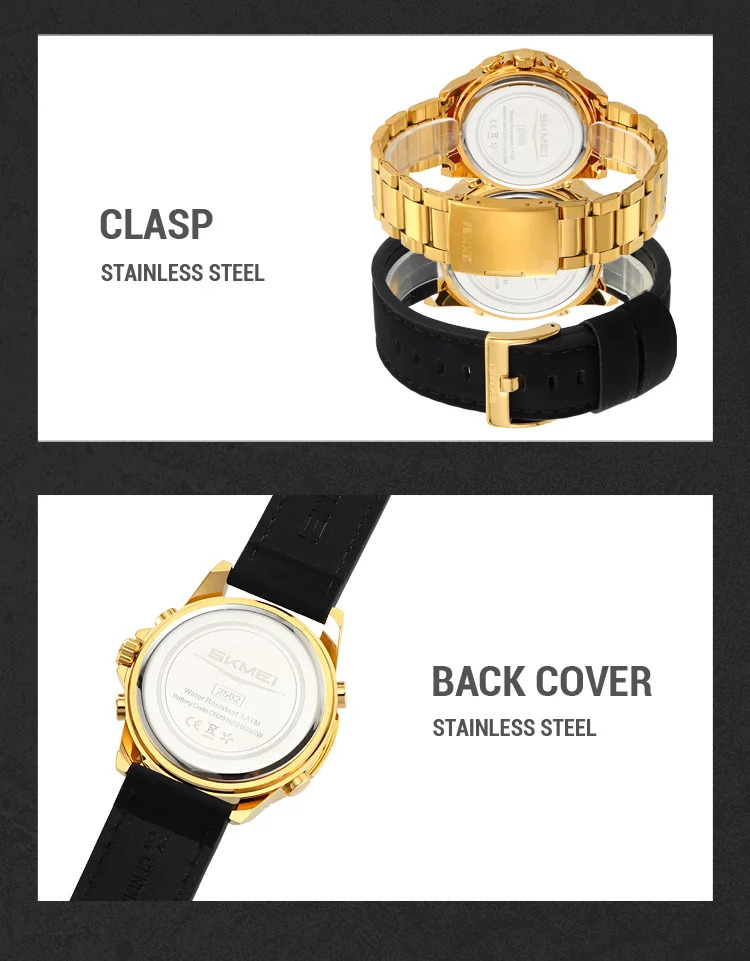 SKMEI Business Double Display LED Light Digital Electronics Watch Fashion Quartz Watch For Men Women 3Time Waterproof Wristwatch