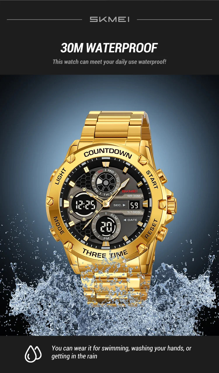SKMEI Business Double Display LED Light Digital Electronics Watch Fashion Quartz Watch For Men Women 3Time Waterproof Wristwatch