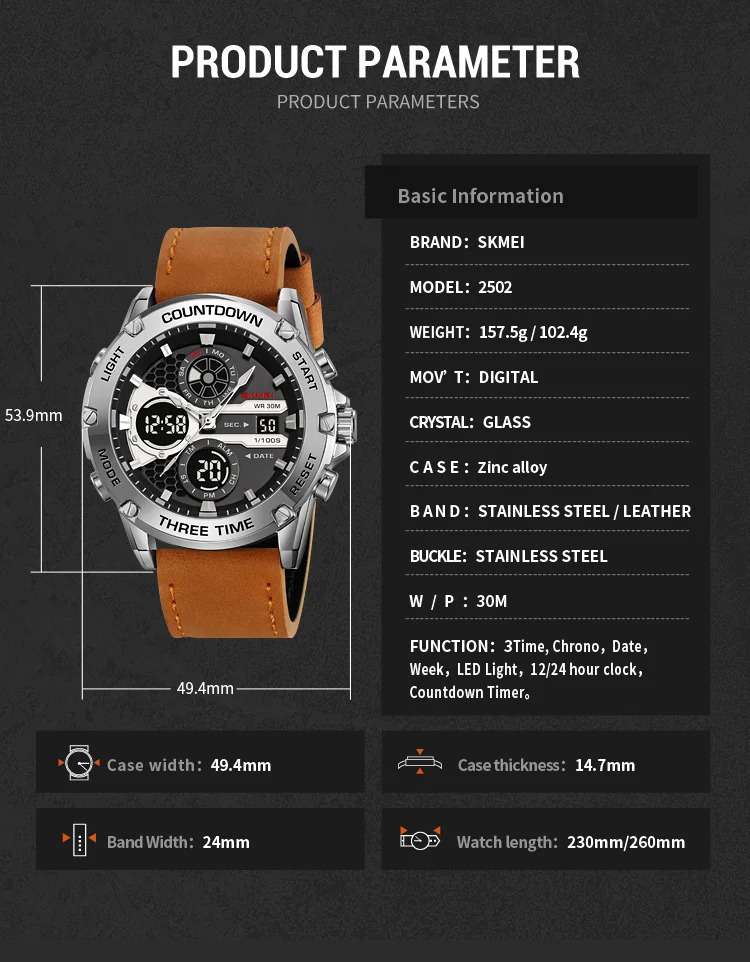 SKMEI Business Double Display LED Light Digital Electronics Watch Fashion Quartz Watch For Men Women 3Time Waterproof Wristwatch