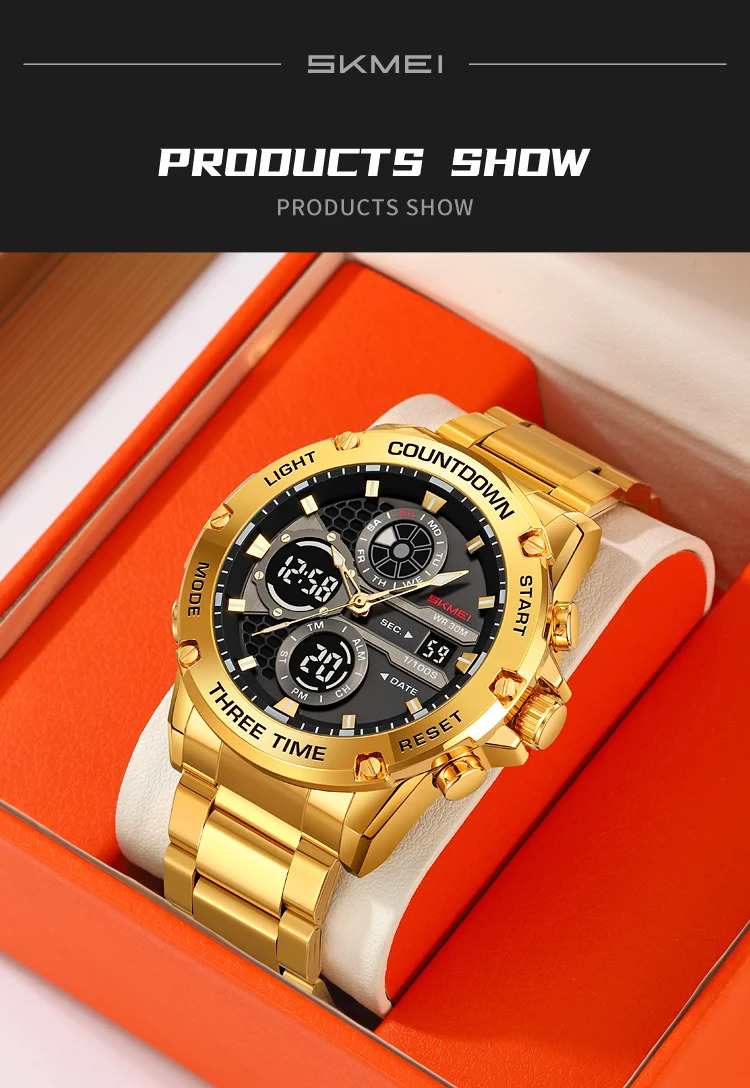 SKMEI Business Double Display LED Light Digital Electronics Watch Fashion Quartz Watch For Men Women 3Time Waterproof Wristwatch