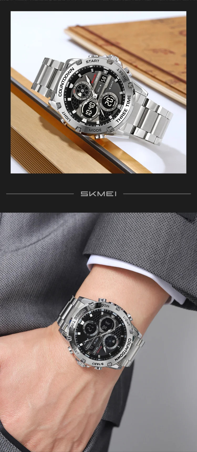 SKMEI Business Double Display LED Light Digital Electronics Watch Fashion Quartz Watch For Men Women 3Time Waterproof Wristwatch