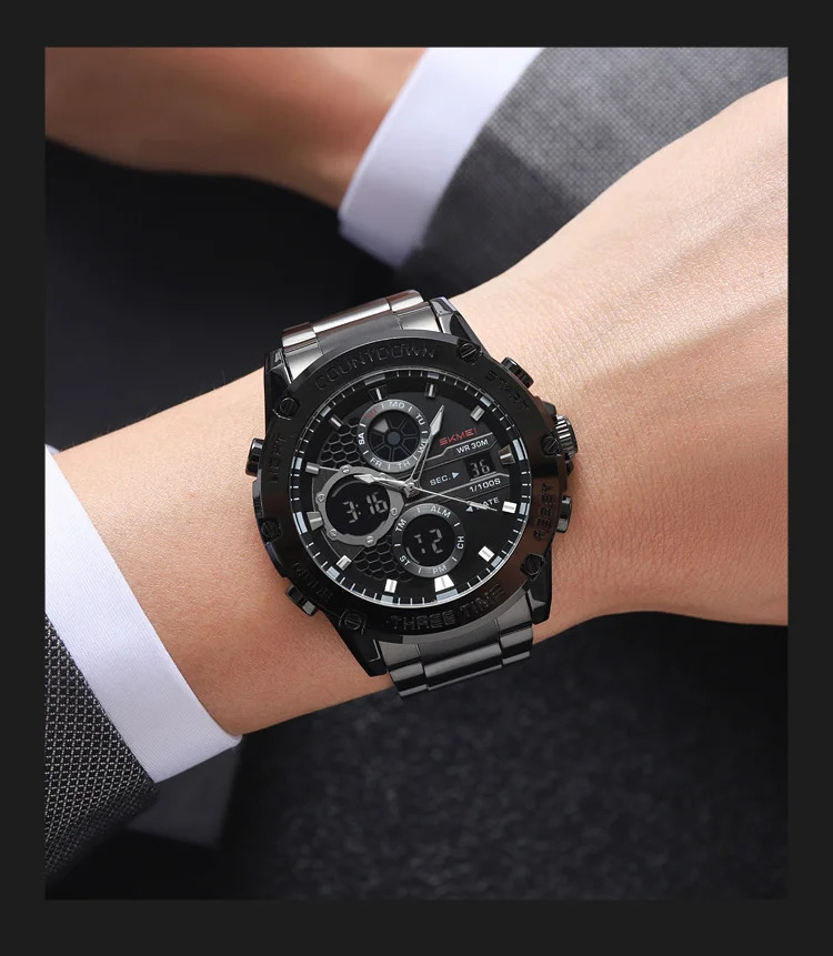 SKMEI Business Double Display LED Light Digital Electronics Watch Fashion Quartz Watch For Men Women 3Time Waterproof Wristwatch