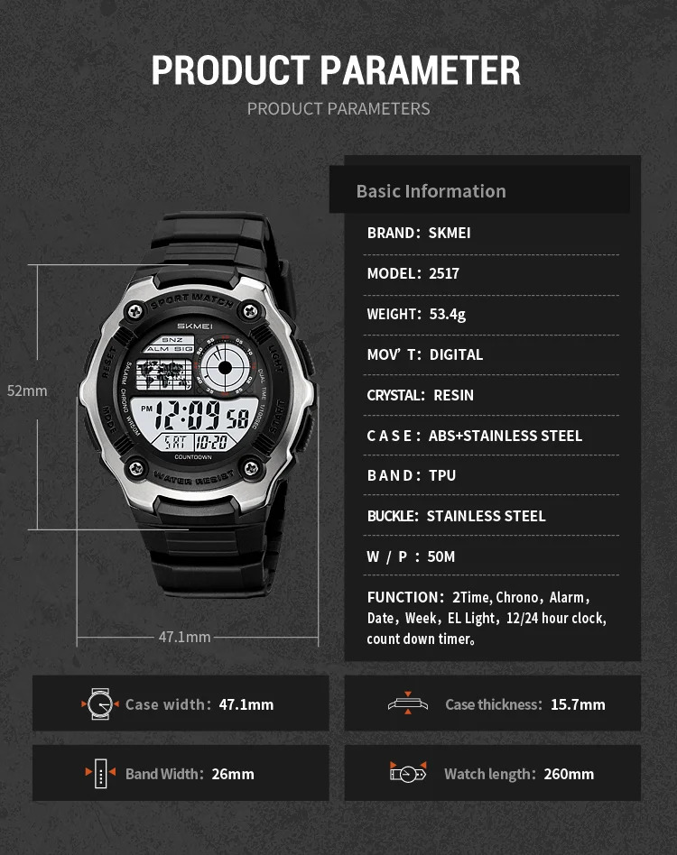 SKMEI Count Down Timer Military Sports Digital Wristwatches For Men Women Waterproof Date Electronics Watches Alarm Chrono Watch