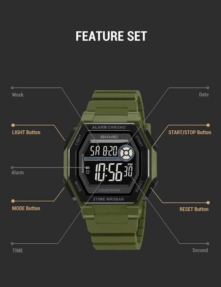 SKMEI Military Count Down Timer Alarm Digital Wristwatches For Men Women Waterproof Date Electronics Watches Chrono Sports Watch