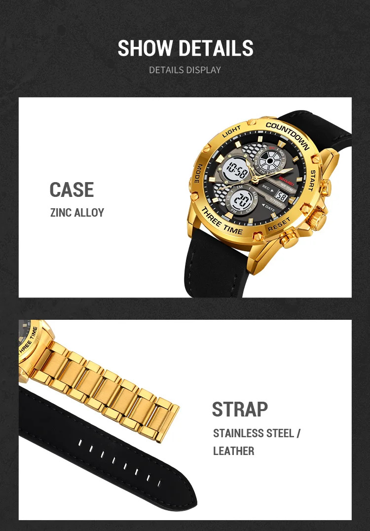 SKMEI Double Display LED Light Digital Electronics Watch Fashion Quartz Watch For Men Women 3Time Business Waterproof Wristwatch