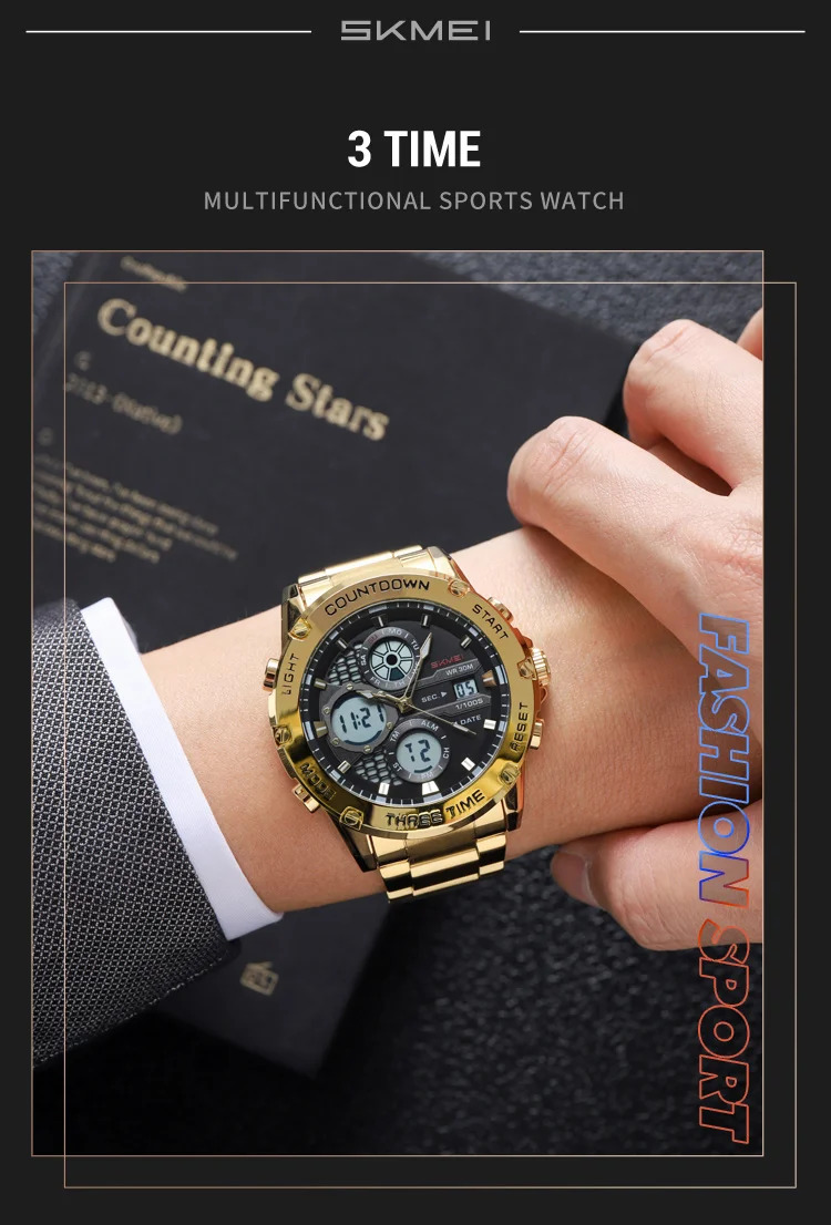 SKMEI Double Display LED Light Digital Electronics Watch Fashion Quartz Watch For Men Women 3Time Business Waterproof Wristwatch