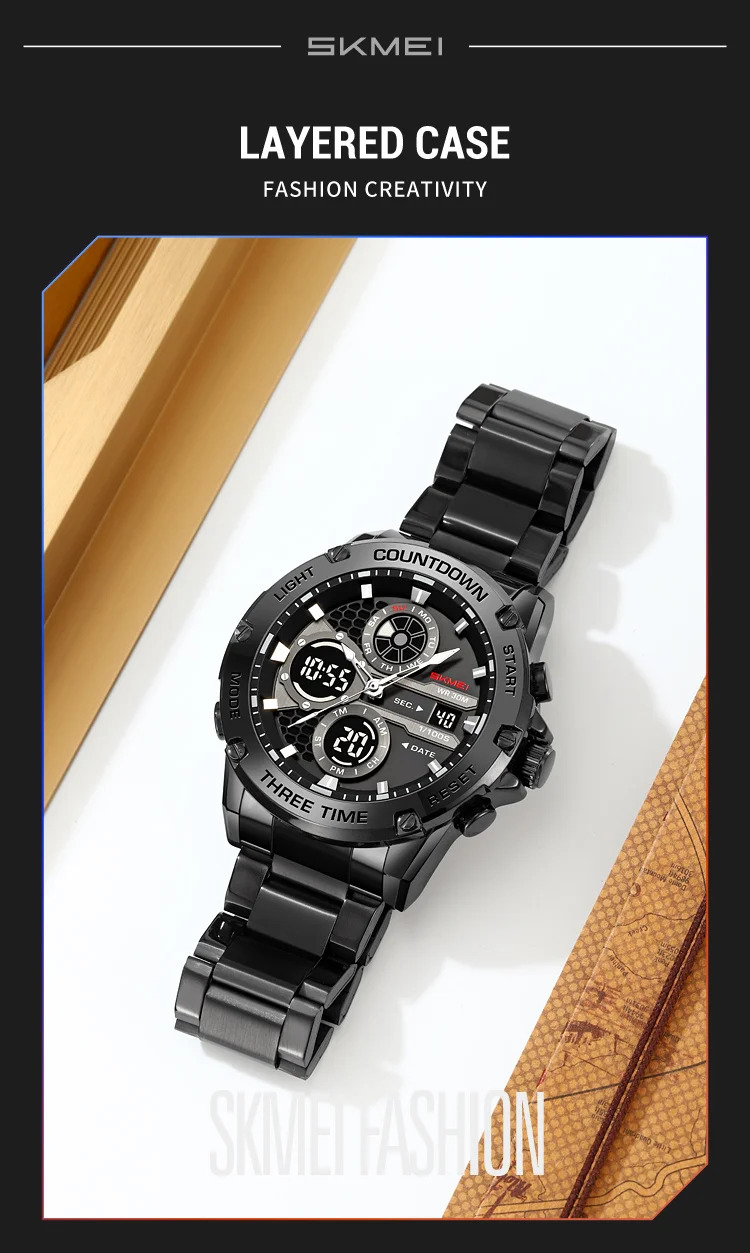 SKMEI Double Display LED Light Digital Electronics Watch Fashion Quartz Watch For Men Women 3Time Business Waterproof Wristwatch