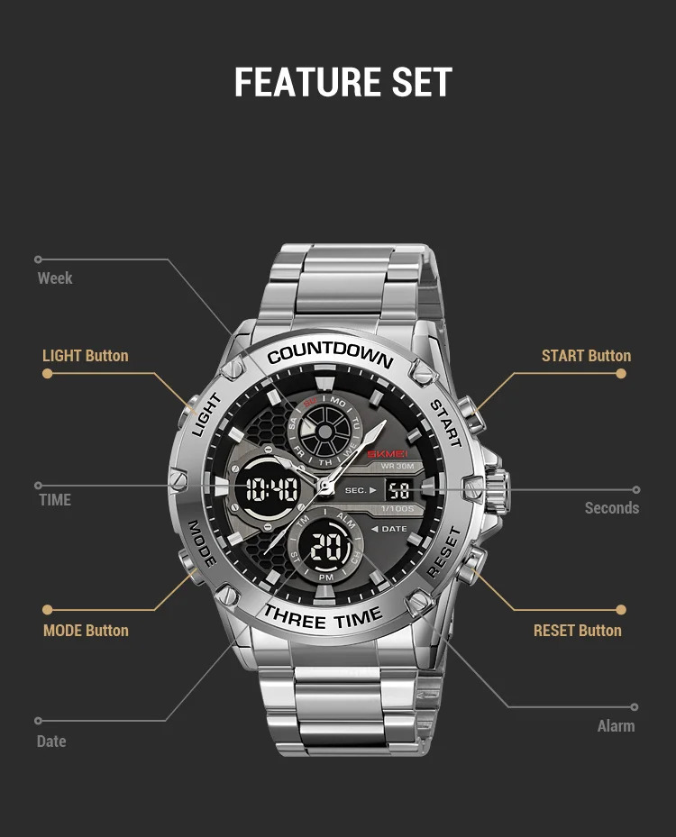 SKMEI Double Display LED Light Digital Electronics Watch Fashion Quartz Watch For Men Women 3Time Business Waterproof Wristwatch