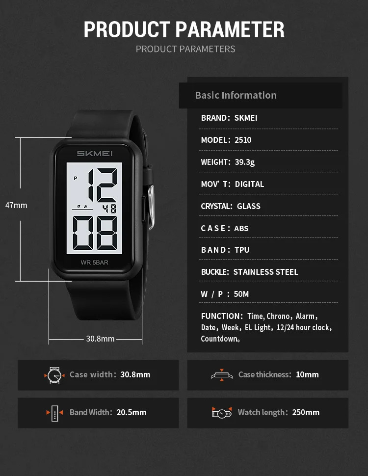 SKMEI Digital Watches For Men Women Countdown Sport Watch Fashion Waterproof Wristwatches Back Light Display Watch Reloj Hombre