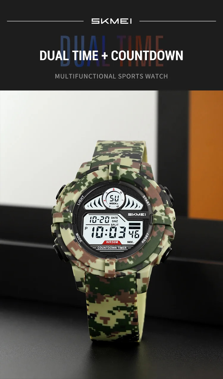 SKMEI Camouflage Chrono Digital Sport Electronic Watches For Men Women Fashion 5Bar Waterproof Stopwatch Wristwatch Reloj Hombre