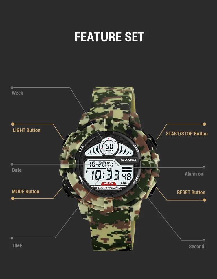 SKMEI Camouflage Chrono Digital Sport Electronic Watches For Men Women Fashion 5Bar Waterproof Stopwatch Wristwatch Reloj Hombre