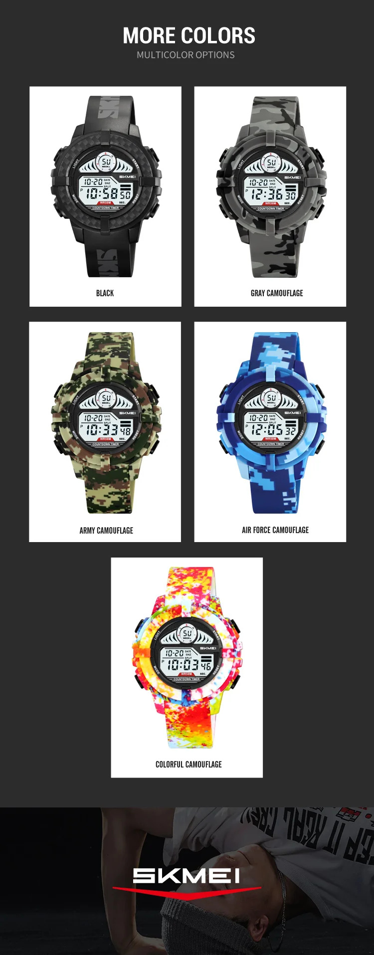 SKMEI Camouflage Chrono Digital Sport Electronic Watches For Men Women Fashion 5Bar Waterproof Stopwatch Wristwatch Reloj Hombre