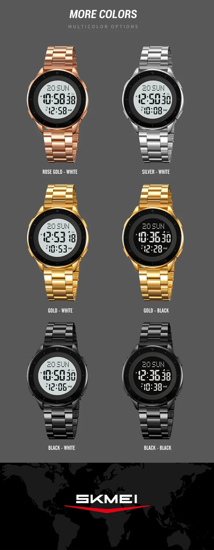 SKMEI Waterproof Sports Wristwatch Stainless Steel Digital Watch For Men Women Business World Time Electronic Watch Reloj Hombre