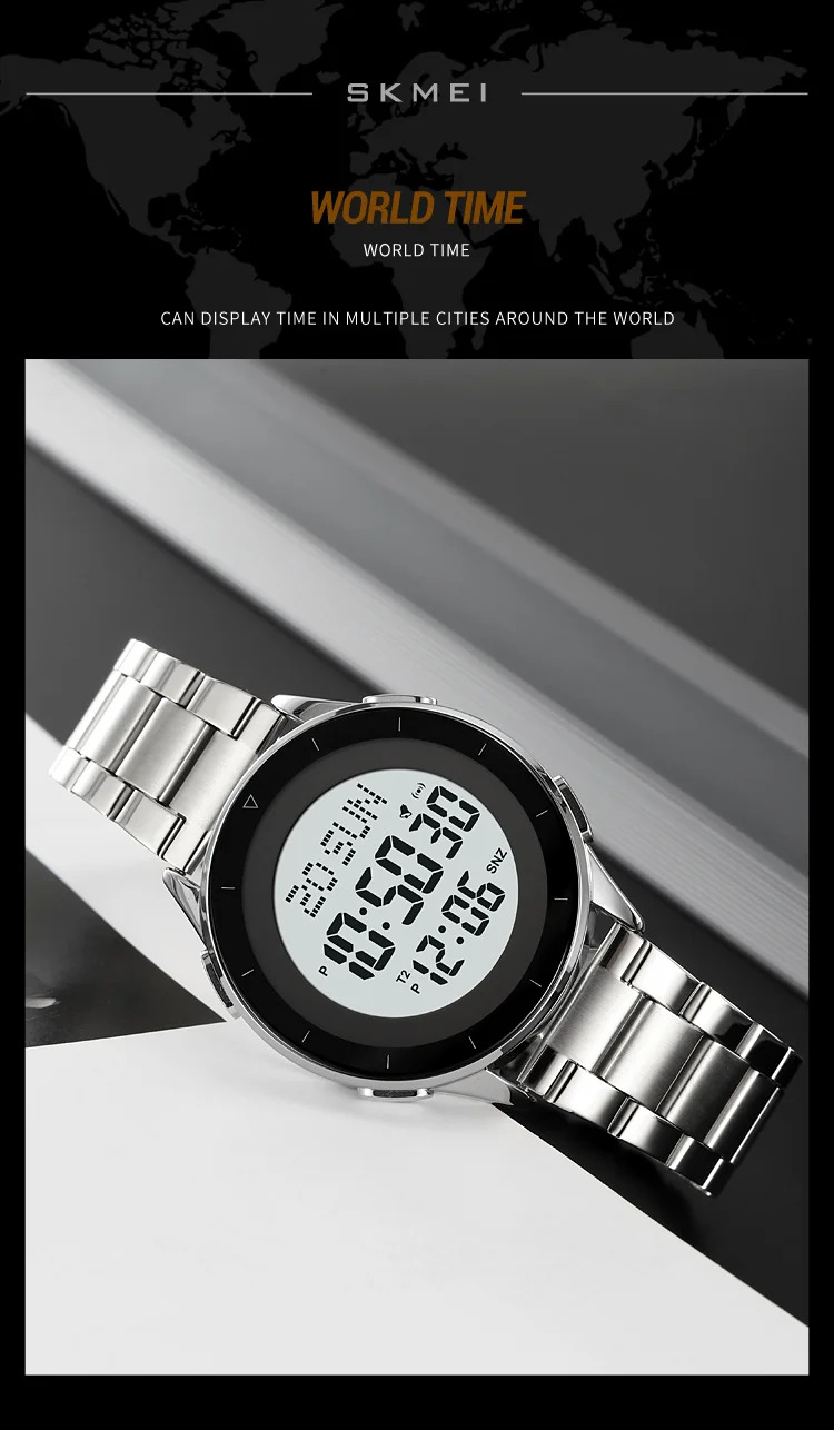 SKMEI Waterproof Sports Wristwatch Stainless Steel Digital Watch For Men Women Business World Time Electronic Watch Reloj Hombre