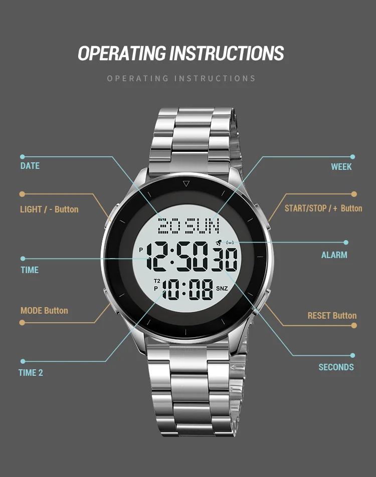 SKMEI Waterproof Sports Wristwatch Stainless Steel Digital Watch For Men Women Business World Time Electronic Watch Reloj Hombre