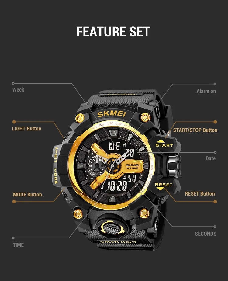 SKMEI Large Dial Double Display Digital Electronic Watch Outdoor Watches For Men Waterproof Quartz Wristwatch Relógios Masculino