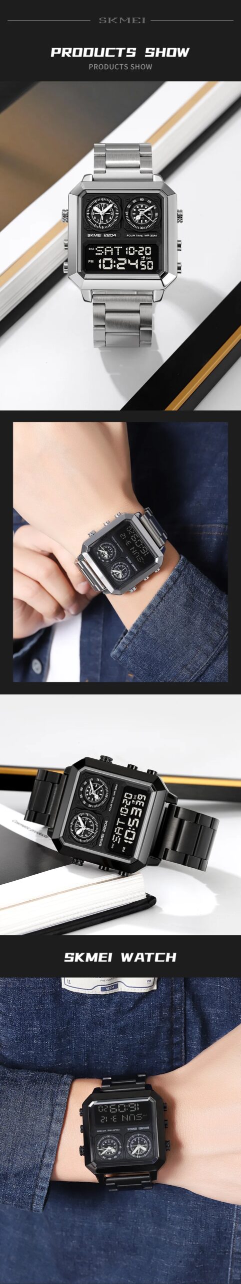 SKMEI Fashion Digital Electronic Watches For Men 3Bar Waterproof Outdoor Sports Stainless Steel Strip Wristwatches Reloj Hombre